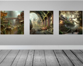 Druckbare Wandkunst verlassene Fantasie Stadt Set aus 3 Werken | Digitaler Download Wandkunstdrucke | Sofortiger Download Poster