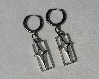 Star Blocked Dangle Earrings | Hypoallergenic Y2K Grunge Handmade Silver Huggie Jewelry