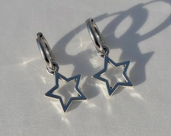 Star Hoop Huggie Earrings | Hypoallergenic Y2K Silver Grunge Jewelry