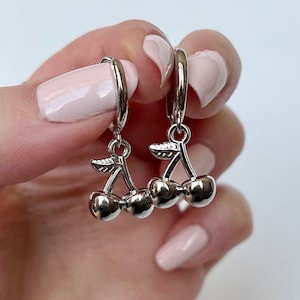 Cherry earrings | grunge jewelry hypoallergenic y2k alt coquette fairy cute star silver dangly nickel free