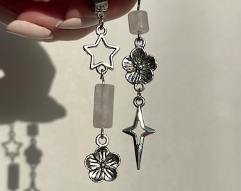 Cherry Blossom Dangle Earrings | Hypoallergenic Mismatched Y2K Silver Star Huggies Jewelry