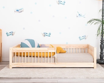 Cama Montessori – Cama infantil Vedo con barandilla de seguridad redonda, madera natural, diseño escandinavo