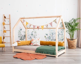 Cama infantil Meli House, camas Montessori para niños, cama a ras de suelo, cama de madera sin barandilla.