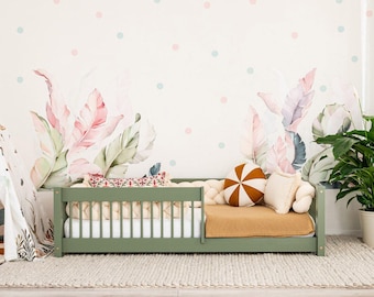 Cama de suelo Vedo Montessori pintada a mano para niños con barandilla de seguridad redonda – Muebles infantiles de estilo escandinavo