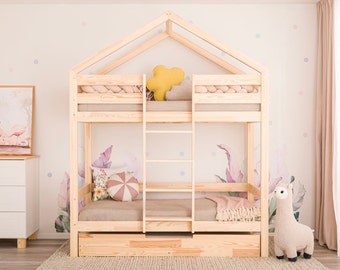 Litera Montessori – Saja II Cama infantil compacta con cajón, madera maciza, diseño que ahorra espacio