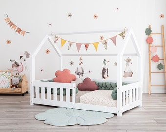 White house bed children's bed with railing, house bed with fall protection, Lit Cabane Meli