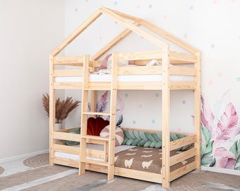 Montessori Bunk Bed – Saja  2 Double House Bed for Kids, Natural Wood, Scandinavian Design