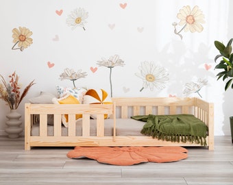 Bodenbett Montessori Vedo, Kinderbett 120x200, 140x200 mit Rausfallschutz - schneller Versand