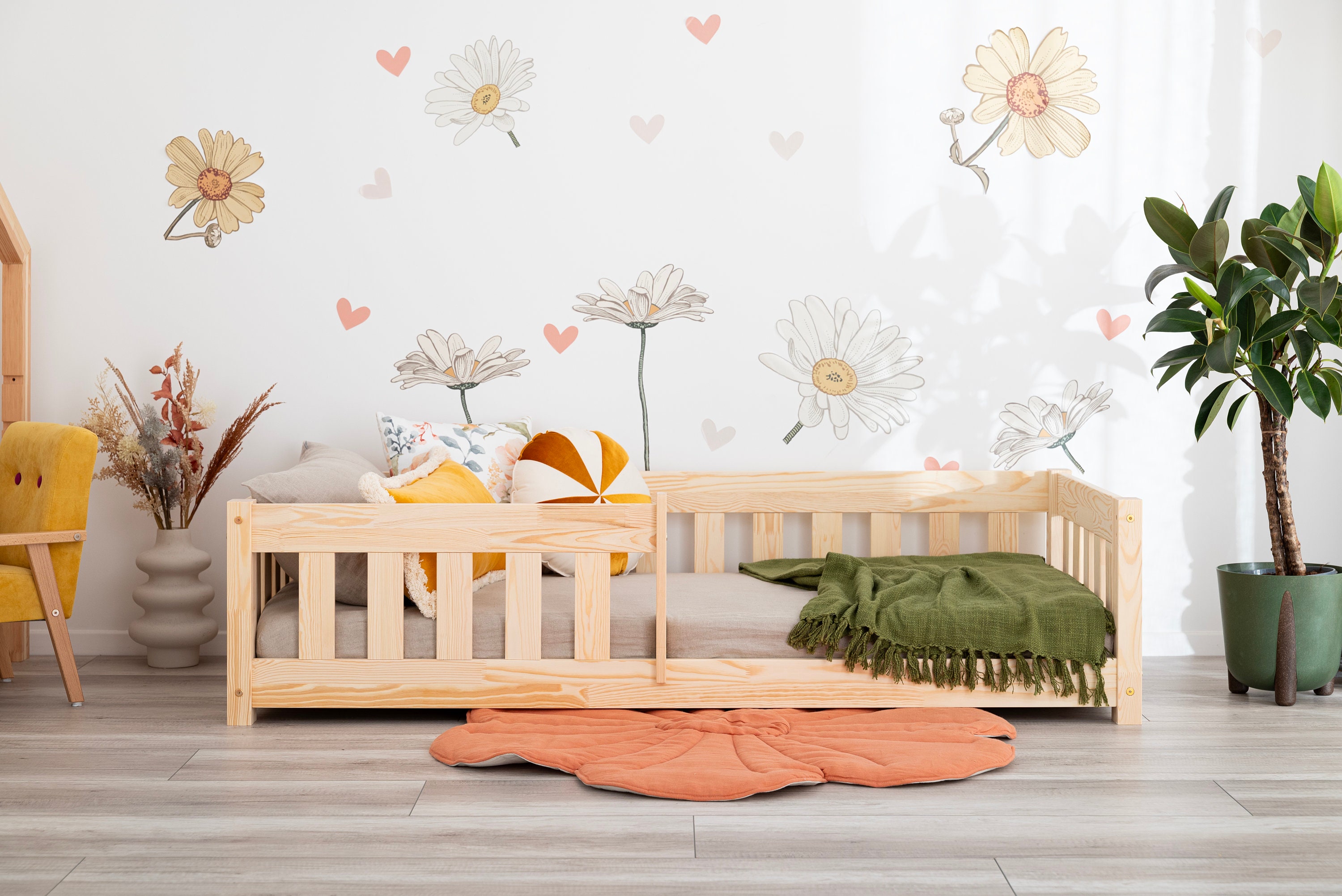 Cama Plataforma Infantil 140x200 Cm Con Valla - De Madera De Pino Y MDF, Altura 40 Cm