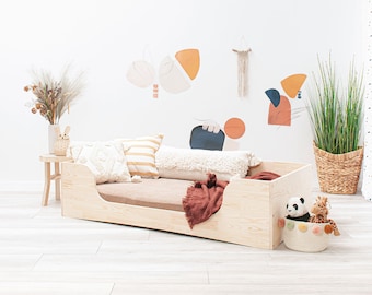 Cama Montessori a ras de suelo – Cama de madera Loro Kids, madera natural, cama para niños pequeños y niños.
