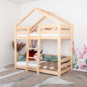 Montessori stapelbed – Saja 2 tweepersoonsbed voor kinderen, natuurlijk hout, Scandinavisch design