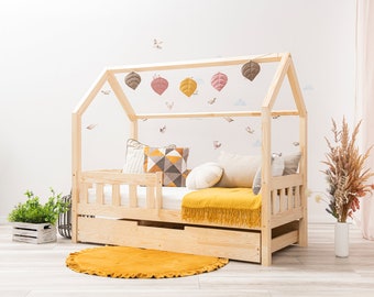 House bed children's bed with drawer and fall protection, house bed double bed - Meli