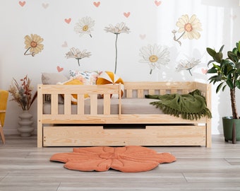 Cama Montessori – Cama infantil Vedo con barandilla de seguridad y cajón, madera natural, diseño escandinavo