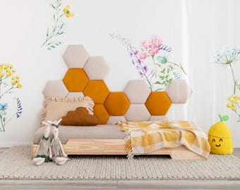 Paneles de pared de terciopelo suave para niños – Panal - Cabecero de tela personalizado, cabecero modular suave, decoración de habitación de inspiración Montessori