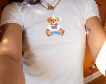 Vintage Ralph Lauren Teddy Bear Inspired Baby Tee | Y2K 90s Style T-Shirt | Vintage Baby Tee | American Flag Baby Tee
