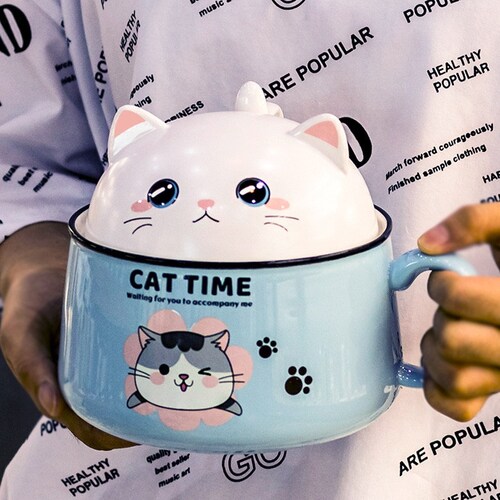 Cute Cat Shaped High Capacity Instant Noodle Bowl With Lid Etsy
