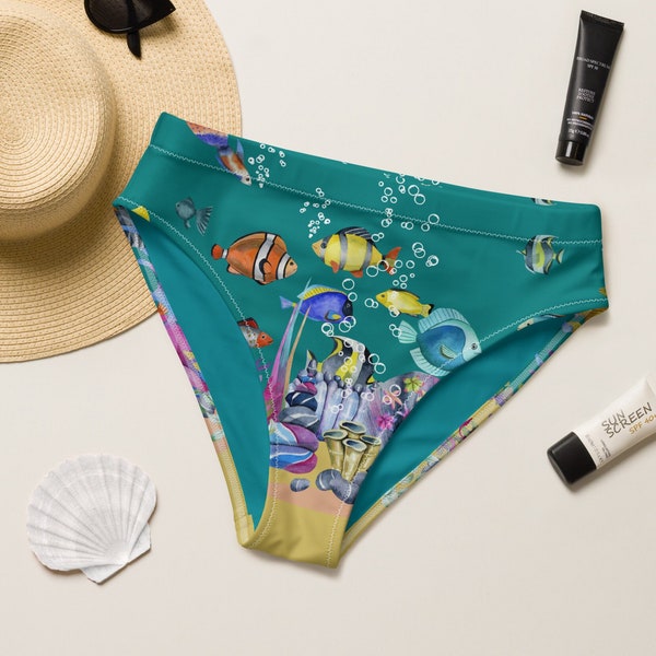 Tropical Fish High-Waisted Bikini Bottom, Sea Life Recycled Bikini Bottom, Plus Size Bikini Swimsuit Cozzie, Marine Swimsuit, Marine Bikini