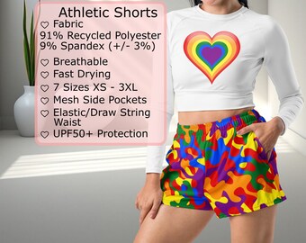 Pride Camouflage Women’s Athletic Shorts, Pride Month Gift Clothing, Camo in Rainbow Pride Flag Colors, Gay Pride Sportswear Sizes XS-3XL