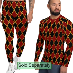 Harlequin Leggings and Rash Guard in Black Red and Gold, Sizes XS-3XL, Cosplay Costume Jester Fool Clown, Diamond Harlequin Set