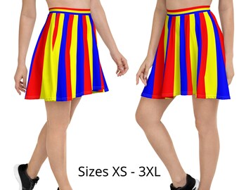 Primary Color Striped Skater Skirt, Clowncore Circuscore Red Blue Yellow Flare Circle Skirt, Striped Skater Skirt, Sizes XS-3XL