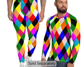 Harlequin Men&#39;s Leggings Rashguard, Jester Fool Clown Costume Rainbow Diamond Harlequin Set Meggings and Rash Guard Pierrot Cosplay