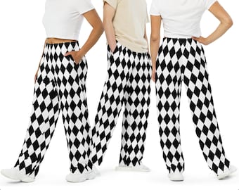 Harlequin Unisex Wide-Leg Pants,Harlequin Pants, Diamond Pants, Black and White Pants, Sizes 2XS-6XL