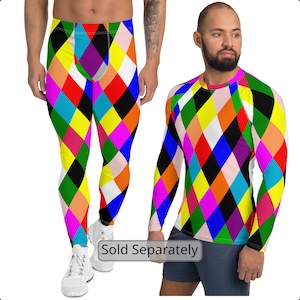 Harlequin Men&#39;s Leggings Rashguard, Jester Fool Clown Costume Rainbow Diamond Harlequin Set Meggings and Rash Guard Pierrot Cosplay