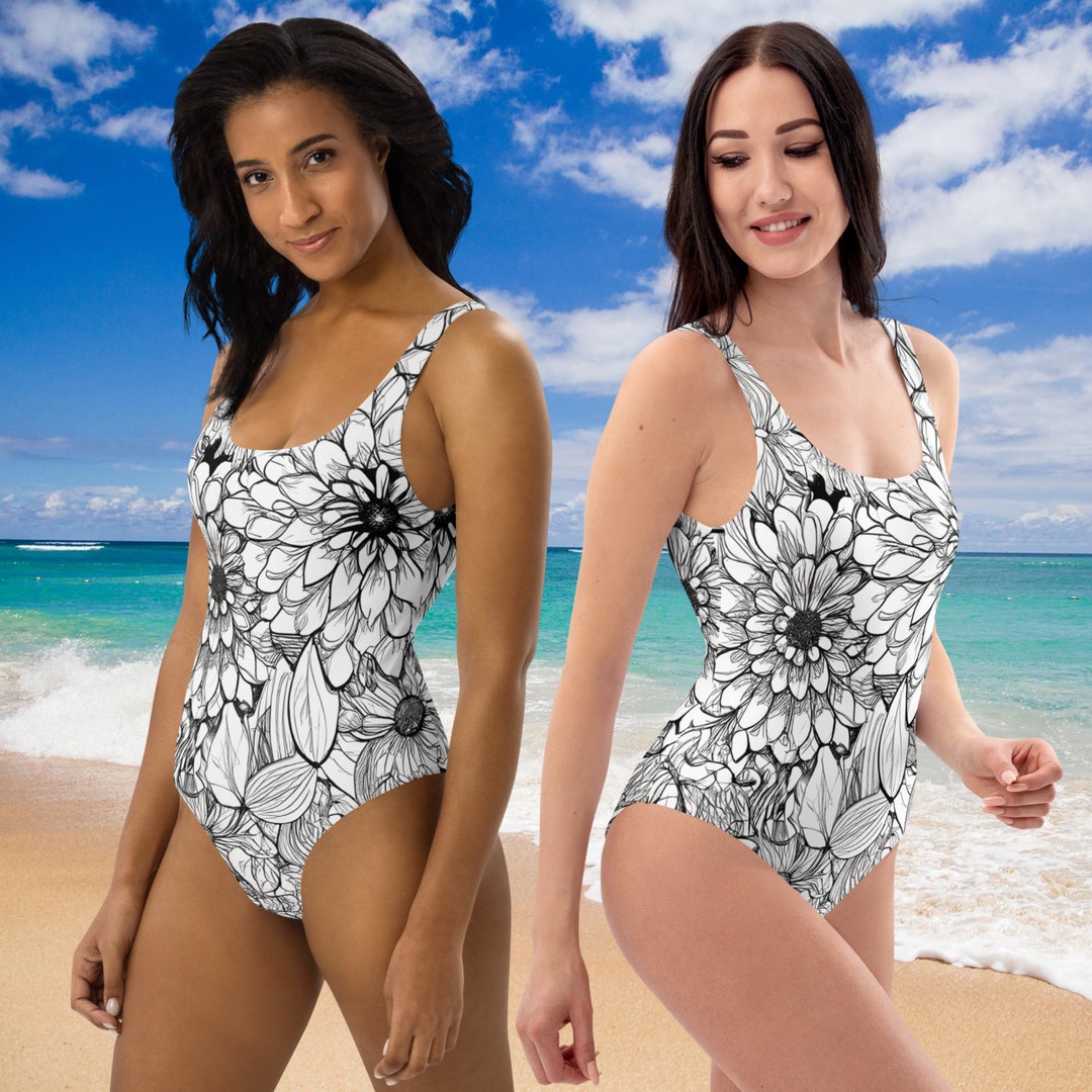 Summervivi-Black And White Floral Striped One-piece Swimsuit