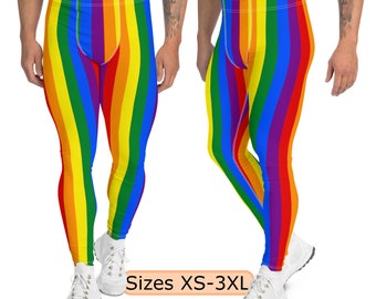 Rainbow Pride Striped Men's Leggings, Pride Month Gift, LGBTQ Gift For Him, Pride Festival Outfit Streetwear, Sizes XS-3XL