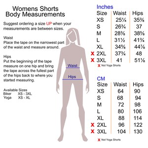 May include: A chart showing women's shorts sizing in inches and centimeters. The chart includes waist and hip measurements for sizes XS to 3XL. The chart also includes a diagram of a woman's body with the waist and hip measurements marked.