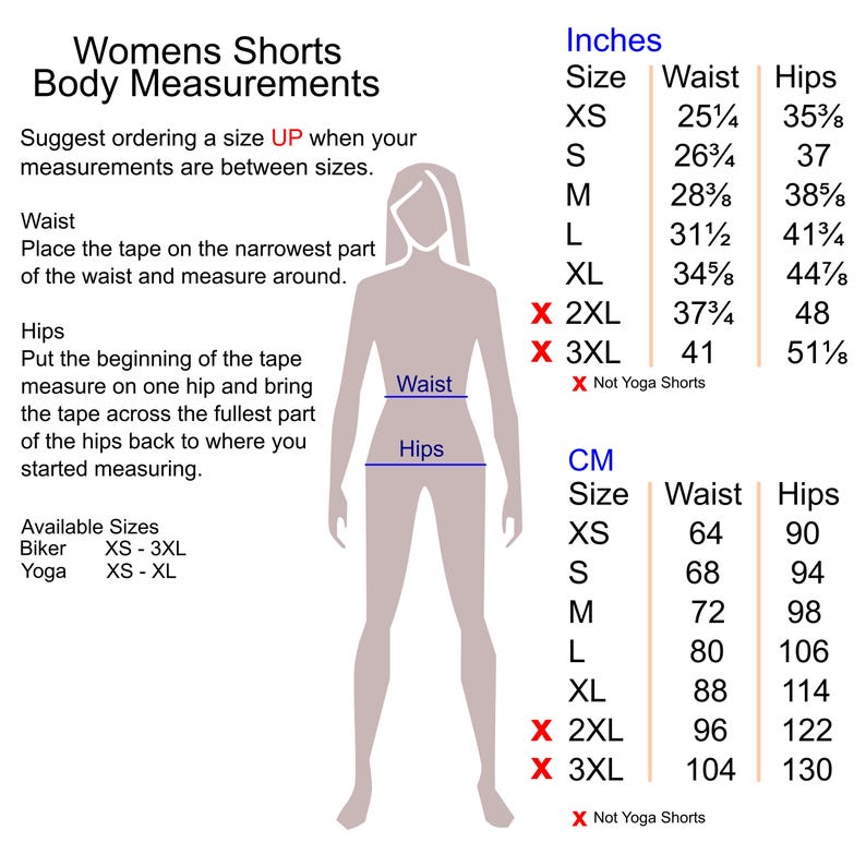 May include: A chart showing women's shorts sizing in inches and centimeters. The chart includes waist and hip measurements for sizes XS to 3XL. The chart also includes a diagram of a woman's body with the waist and hip measurements marked.
