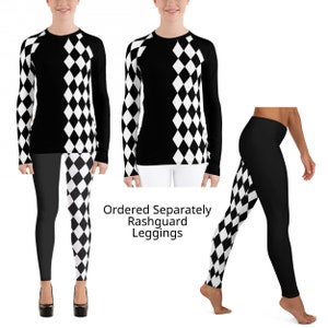 May include: Black and white diamond patterned long-sleeved rashguard and leggings. Ordered Separately Rashguard Leggings.