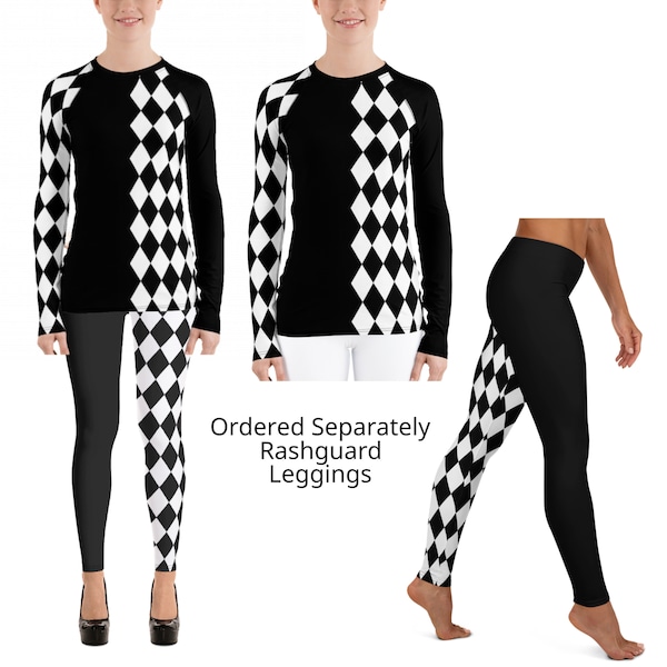 Harlequin Jester Fool Black White Womens Leggings et Rash Guard Top, Tailles XS - XL, Costume Cosplay.