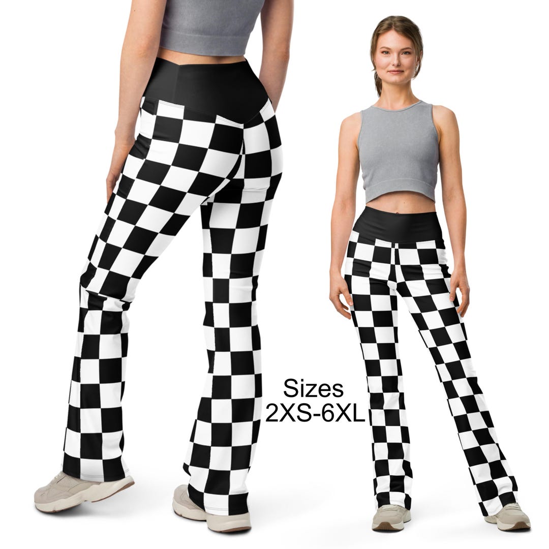 Black White Checkered Women's Flare Leggings, Checkerboard
