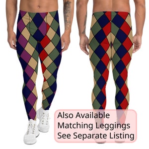 May include: A pair of men's leggings with a geometric diamond pattern in shades of red, blue, green, and beige. The leggings are shown from the front and back. The text "Also Available Matching Leggings See Separate Listing" is displayed on a pink background.