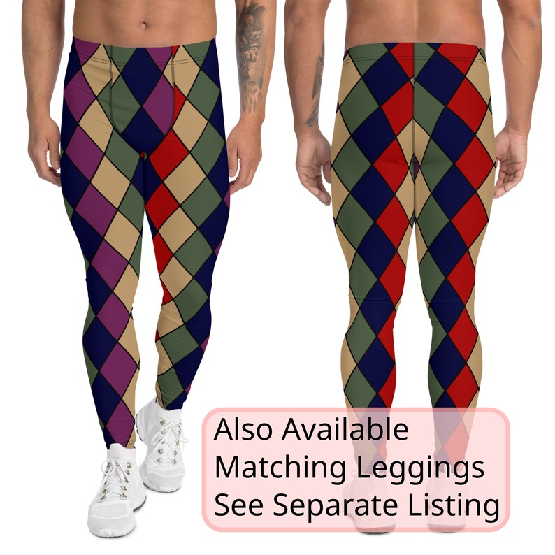 May include: A pair of men's leggings with a geometric diamond pattern in shades of red, blue, green, and beige. The leggings are shown from the front and back. The text "Also Available Matching Leggings See Separate Listing" is displayed on a pink background.