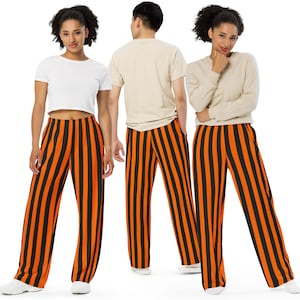 Orange Black Striped Pants, Halloween Striped Unisex Wide Leg Trousers, Plus Size 2XS-6XL, Lounge-wear Bottoms, PJ&#39;s Pajama Bottoms