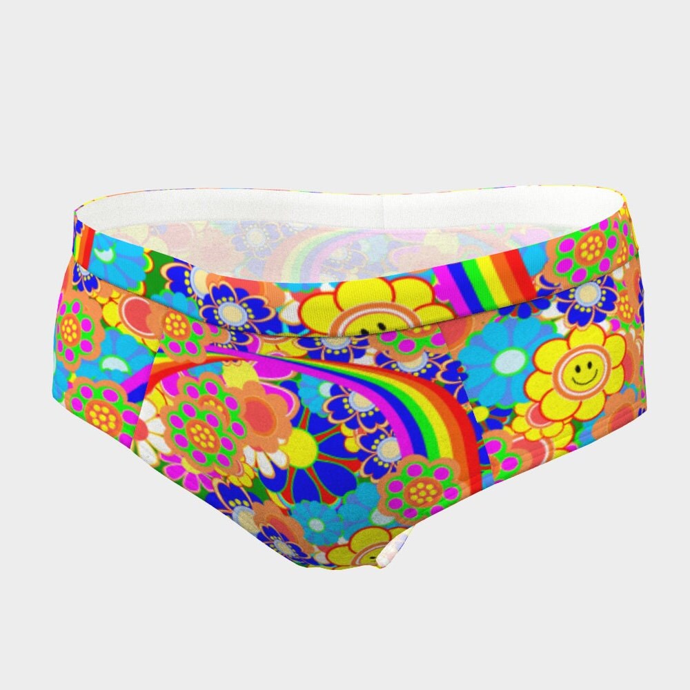 Womens Cheeky Briefs Retro Vintage 1970s Style Flower Power Smiley