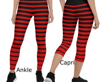 Black Red Striped Women's Leggings Ankle Length and Capri, Horizontal Line Leggings, Sizes XS-XL, Capri Leggings, Cropped Leggings