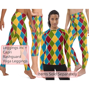 May include: Three pairs of leggings with a diamond pattern in yellow, blue, green, and red. The leggings are available in full length, capri, and yoga styles. The text "Leggings inc + Capri Rashguard Yoga Leggings" is visible in the image. The text "Items Sold Separately" is also visible in the image.