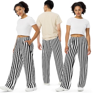 Black White Thin Striped Pants, Striped Pants Black White Trousers with Pockets Unisex Wide-Leg Pants, Plus Size Pants Sizes 2XS-6XL