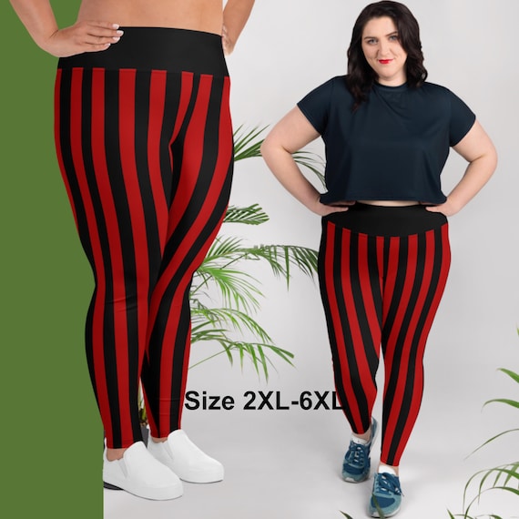 Black Red Striped Plus Size Women's Leggings, Pirate Costume