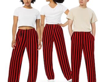 May include: Wide-leg pants with black and red vertical stripes. The pants have a relaxed fit and a high waist.