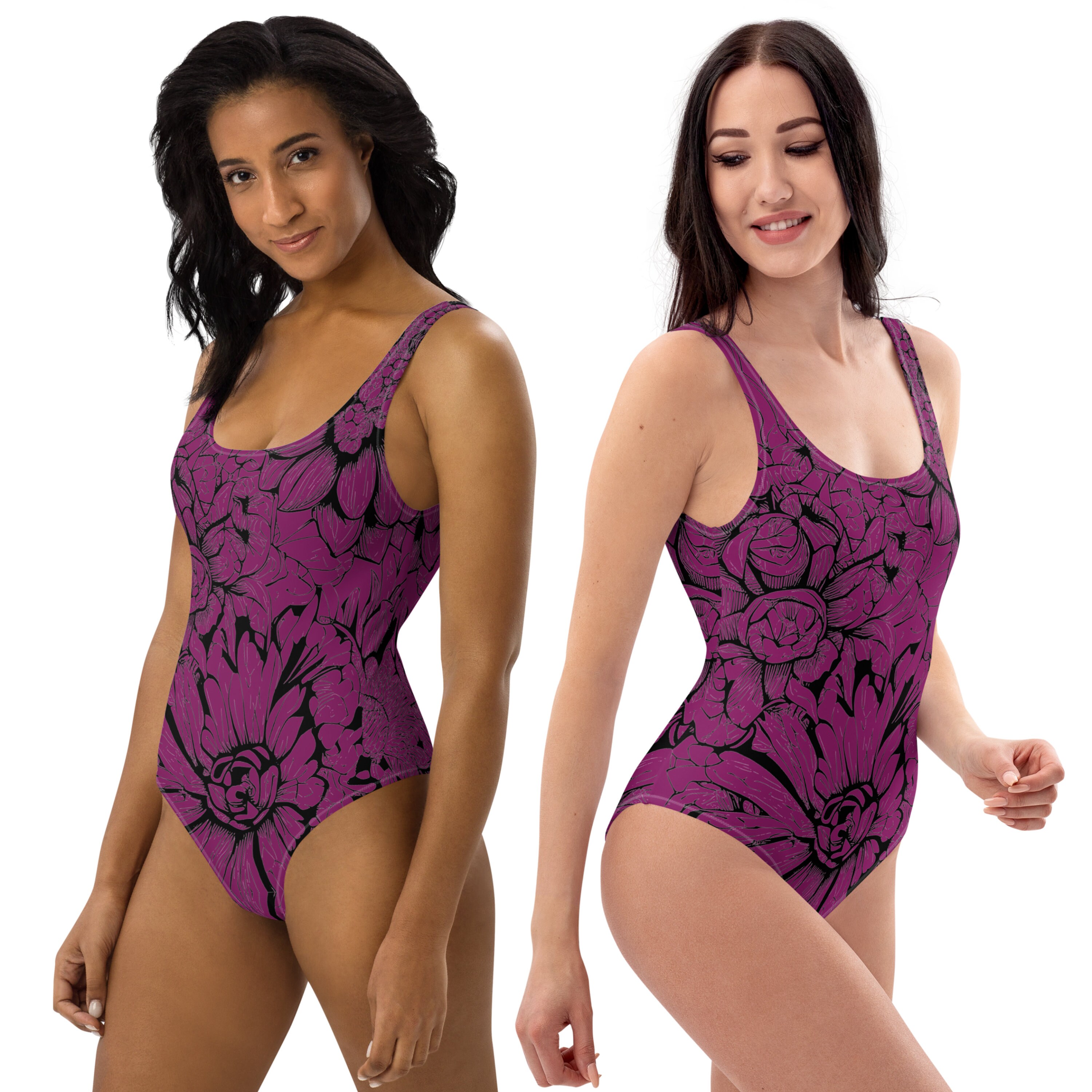 Flower Printed High Waist One Piece Purple Swimsuit
