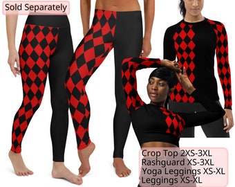Harlequin Jester Fool Black Red Womens Leggings, Yoga Leggings, Rashguard or Long Sleeved Crop Top, Cosplay Costume
