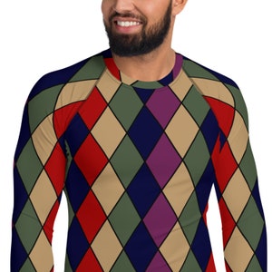 May include: A long-sleeved shirt with a diamond pattern in shades of red, blue, green, and purple.