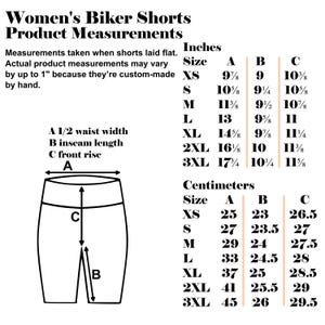 May include: A chart showing measurements for biker shorts in inches and centimeters. The chart includes measurements for waist width, inseam length, and front rise. The chart also includes a diagram of a pair of biker shorts with the measurements labeled.