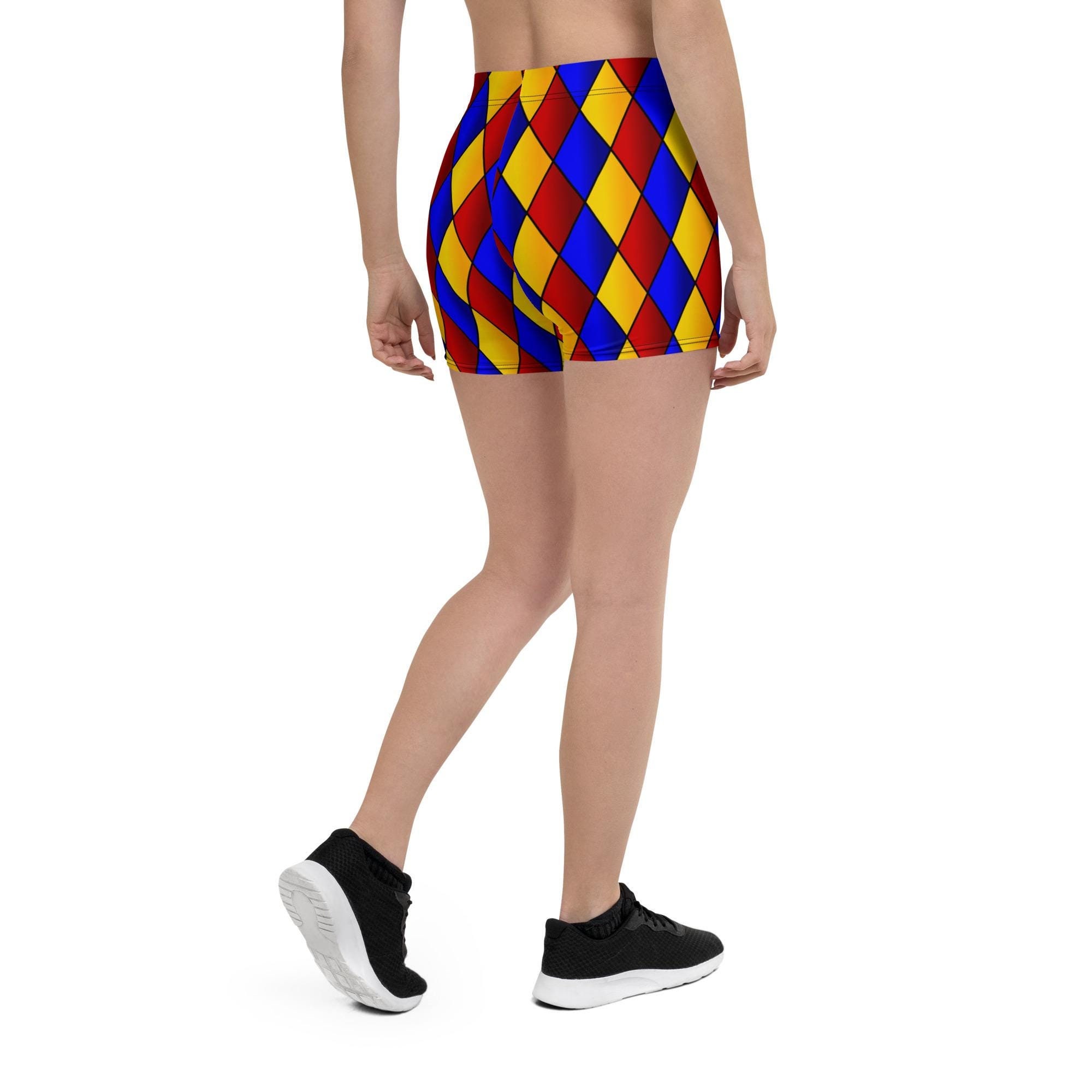 Harlequin Red Blue Gold Yellow Shorts, Diamond Pattern Women's Mid-rise Shorts Sizes XS-3XL