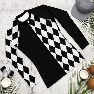 Black White Harlequin Diamond Color Block Men&#39;s Rash Guard