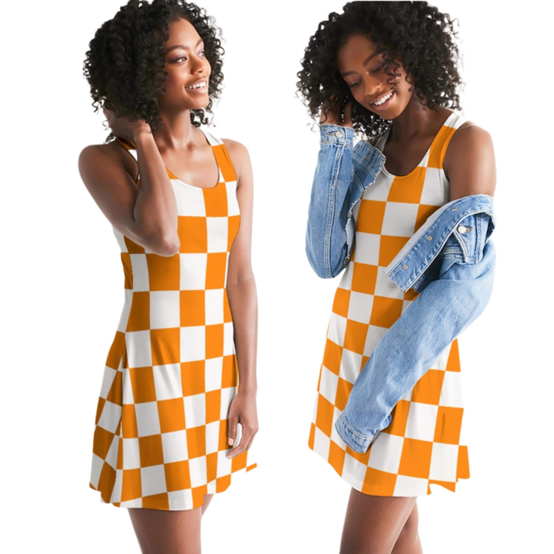 orange and white checkered overall dress Checkerboard Pattern Checkerboard Overall Dress Denim Overalls Orange Overalls Dress Orange Dress Tennessee Ut